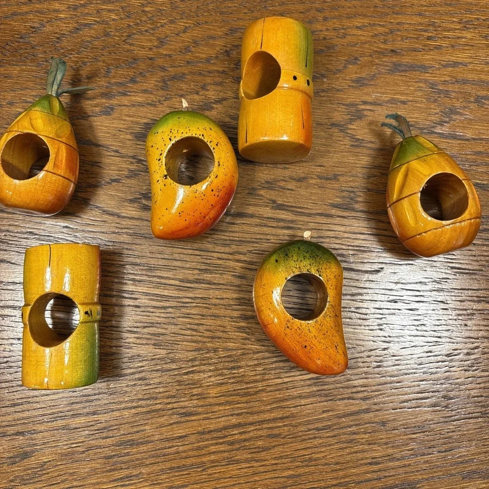 Set Of 6 Vintage Wood Carved Tropical Fruit Napkin Rings Pineapple Mango